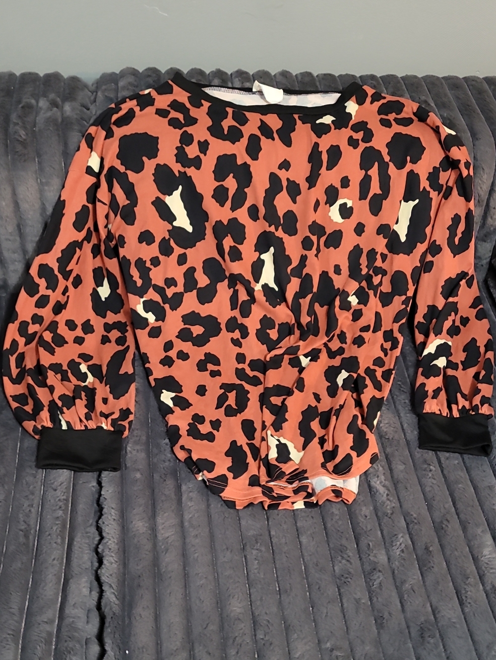 BiBi Rust Animal-Print Long Sleeve Blouse with Black Trim